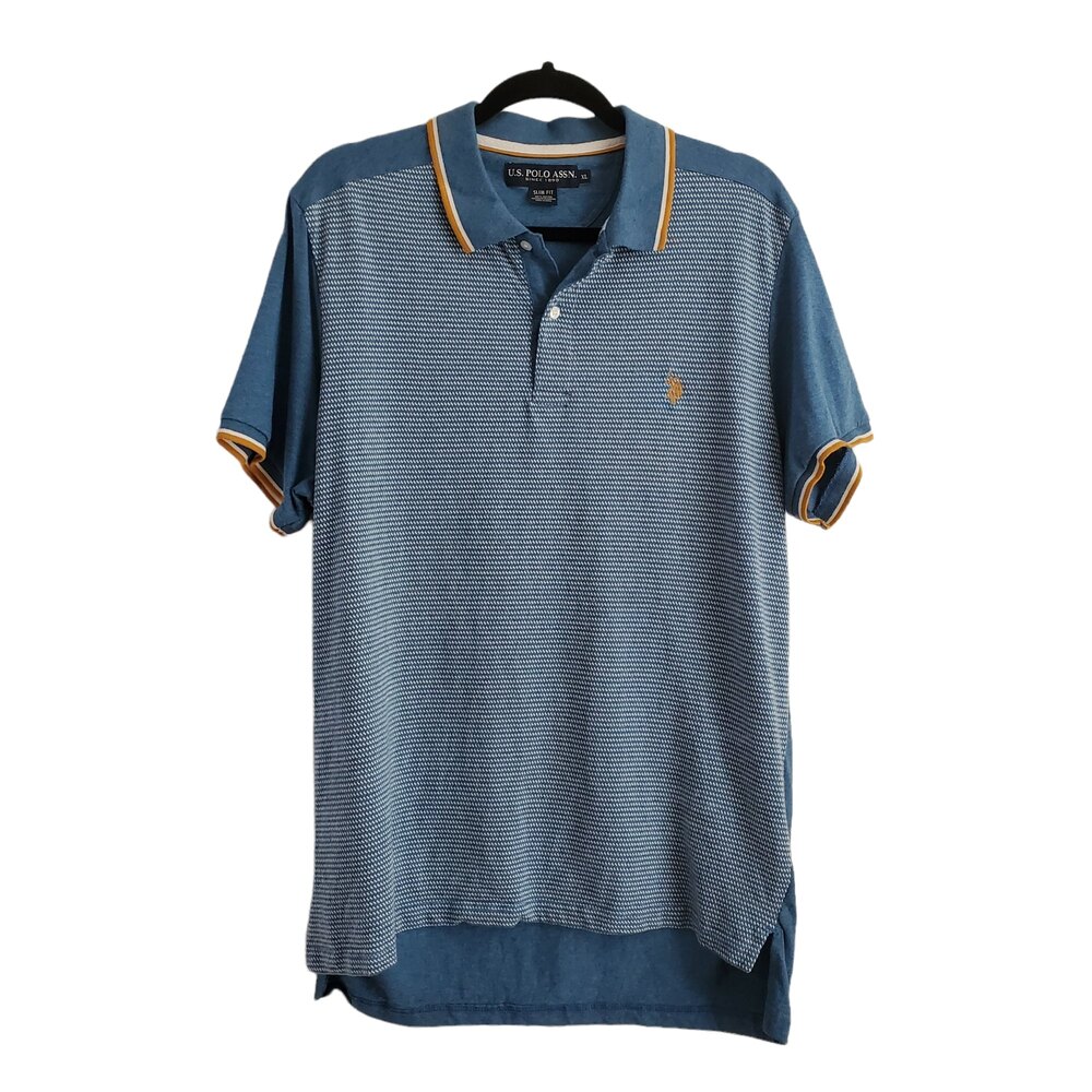 XL U.S. Polo Assn Slim Fit 2 Tone Blue Knit Shirt Short Sleeve Striped Mustard